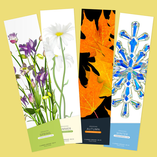 Bookmarks of the four-seasons series, spring, summer, fall, and winter, displayed in a fan-like pattern on a yellow background, English side. CarmenGrenier.com