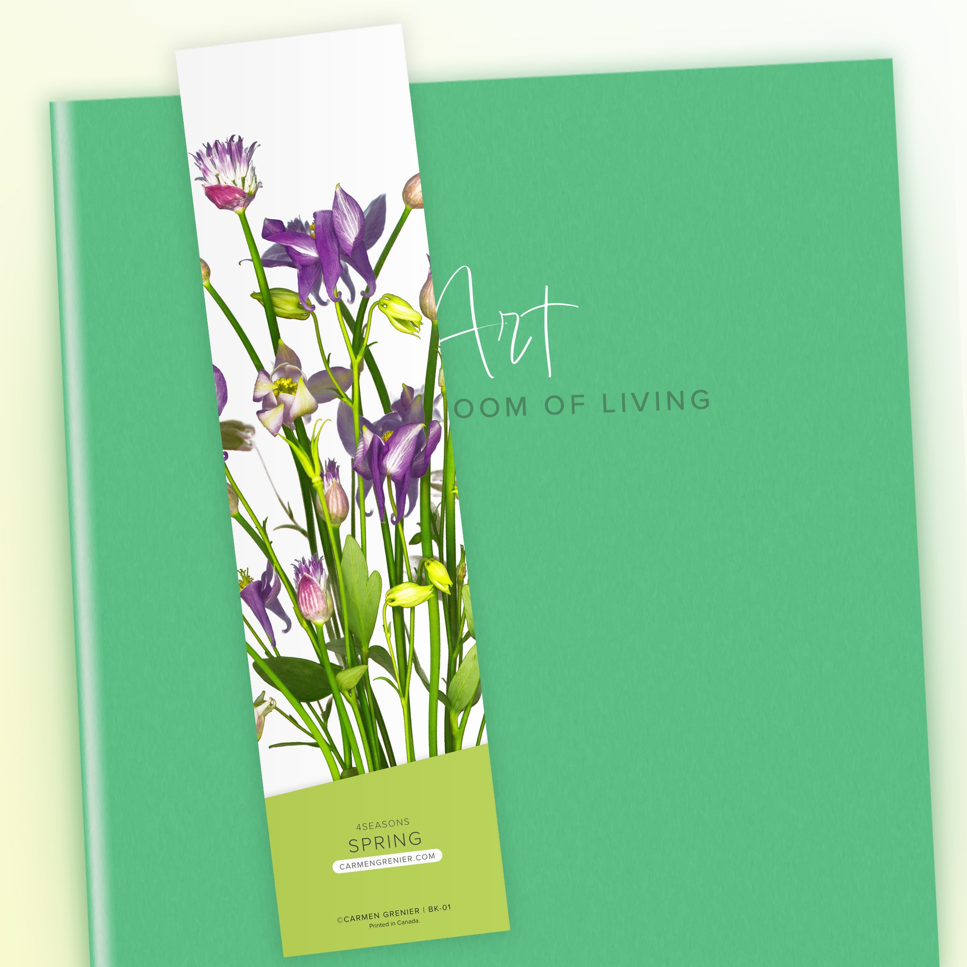 bookmark four-seasons series, spring bookmark on green book, BK-01. CarmenGrenier.com