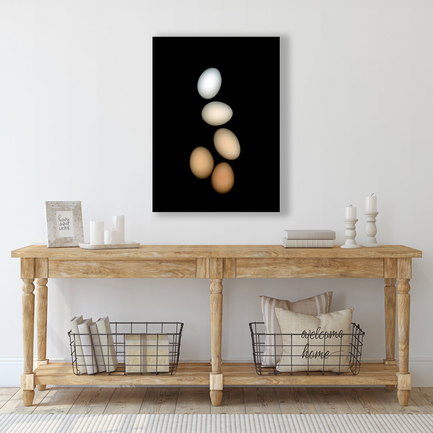 PLayfull display of 5 chicken eggs, from white to brown on a black background.  357-1 Open edition print Lets gather together, OE-357 by Carmen Grenier.