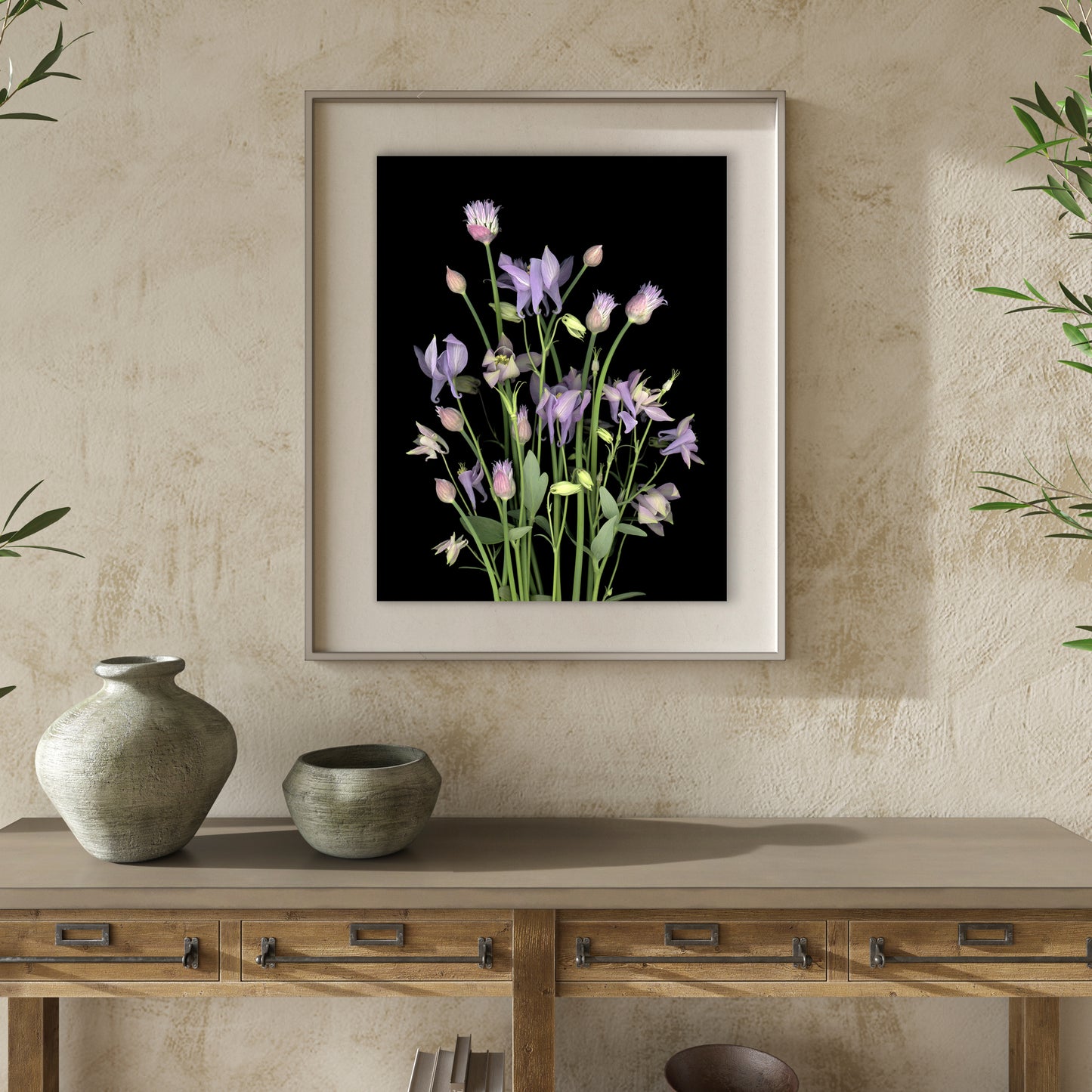 This fine art print features a bouquet of purple columbine flowers and chives in bloom on a black background. The print measures 11x14 inches and has the code OE-364-2. Hallway setting. The image was created using scanography by Carmen Grenier.