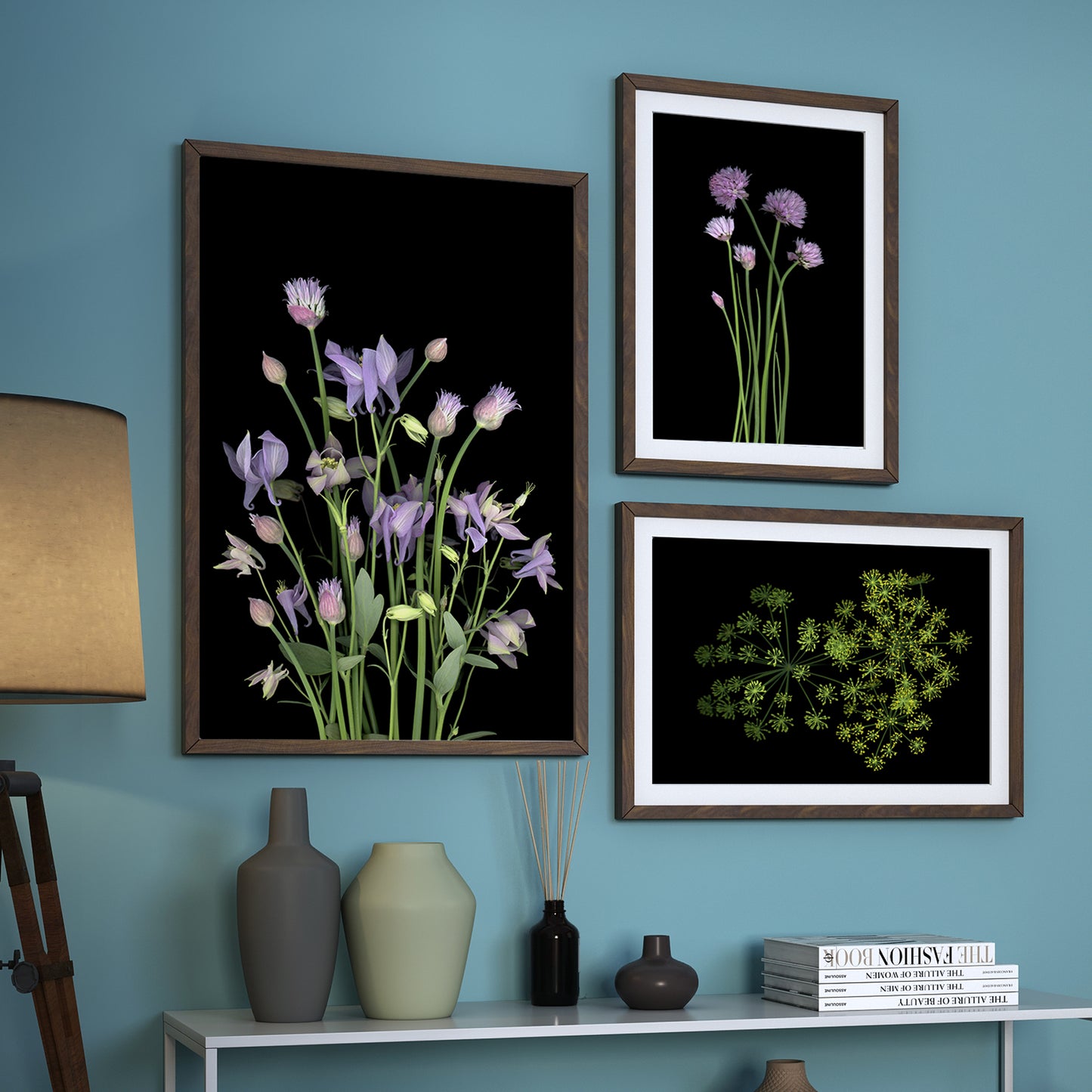 Wallart composed of three open edition fine art prints Fireworks! Chives in bloom No. 1 and Columbines and chives. Scanography by Carmen Grenier..