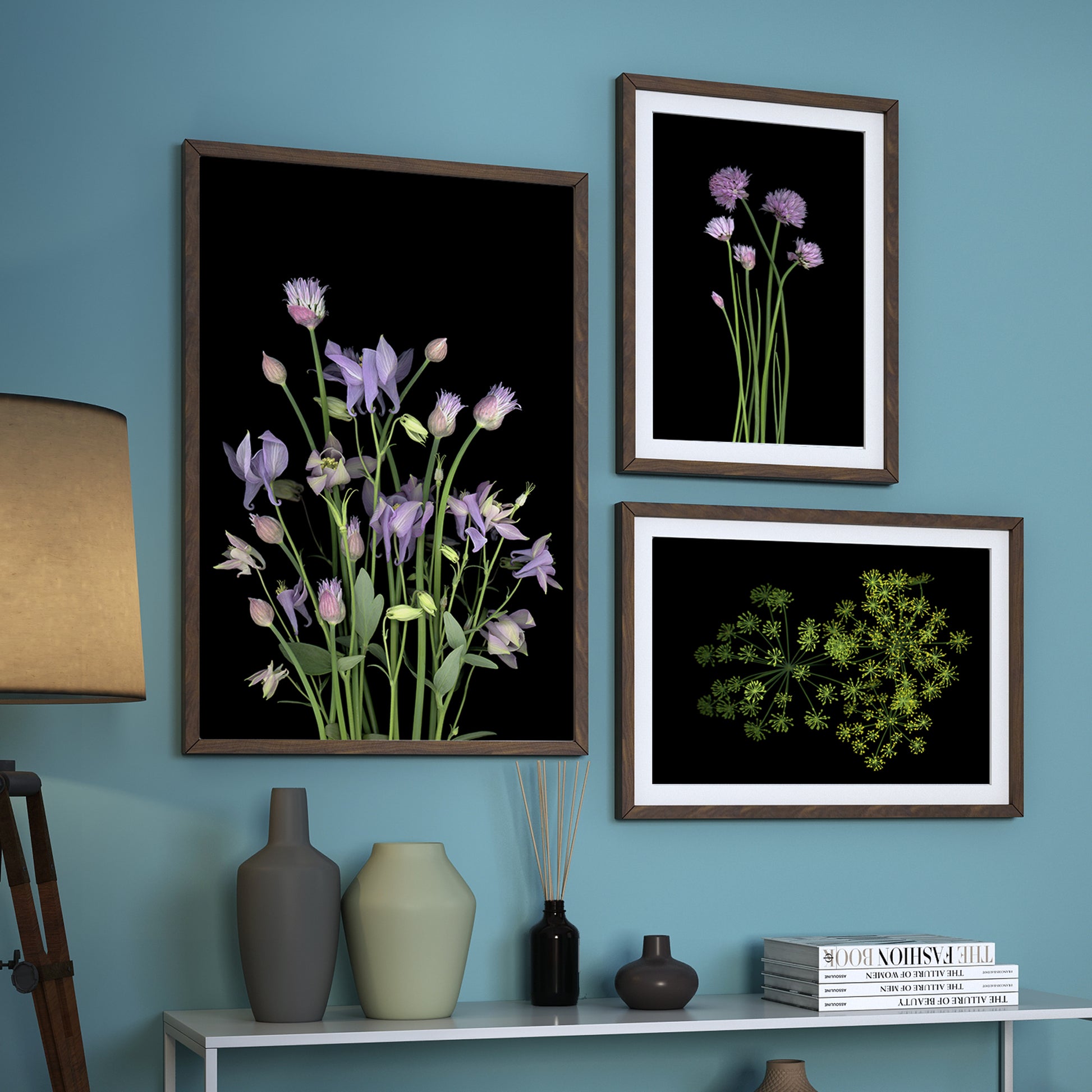 Wallart composed of three open edition fine art prints Fireworks! Chives in bloom No. 1 and Columbines and chives. Scanography by Carmen Grenier..