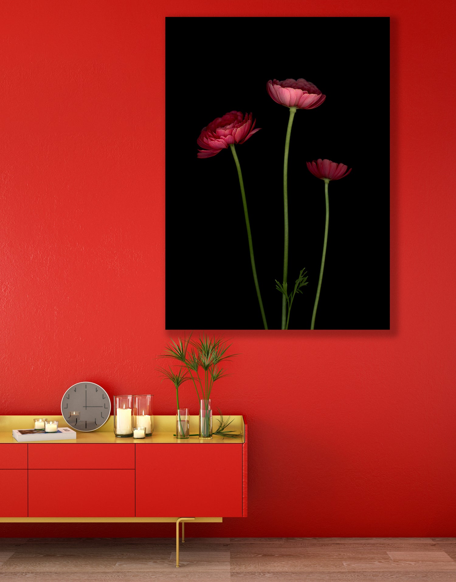 ranunculus three sisters limited edition print red living room