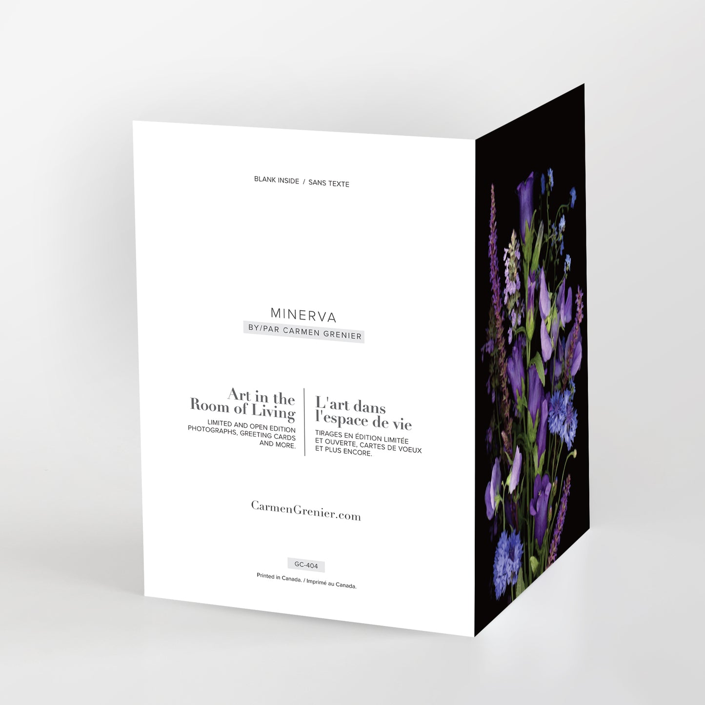 blank art greeting card minerva, bouquet of blue and purple flowers on a black background. scanography by carmen grenier