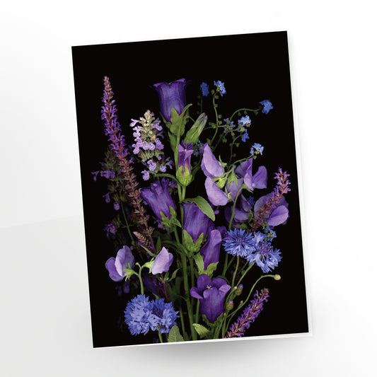 blank art card, minerva, bouquet of blue and purple flowers on a black background, sku gc-404, scanography by Carmen Grenier