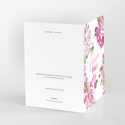 Bonne fête (French)  greeting card, pink cheery blossoms on a white background. SKU number GC-218, CarmenGrenier.com