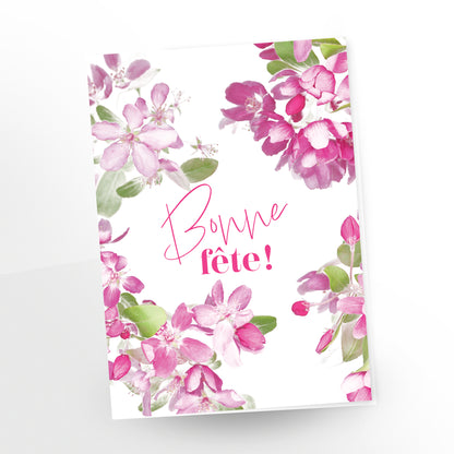 Bonne fête (French)  greeting card, pink cheery blossoms on a white background. SKU number GC-218, CarmenGrenier.com