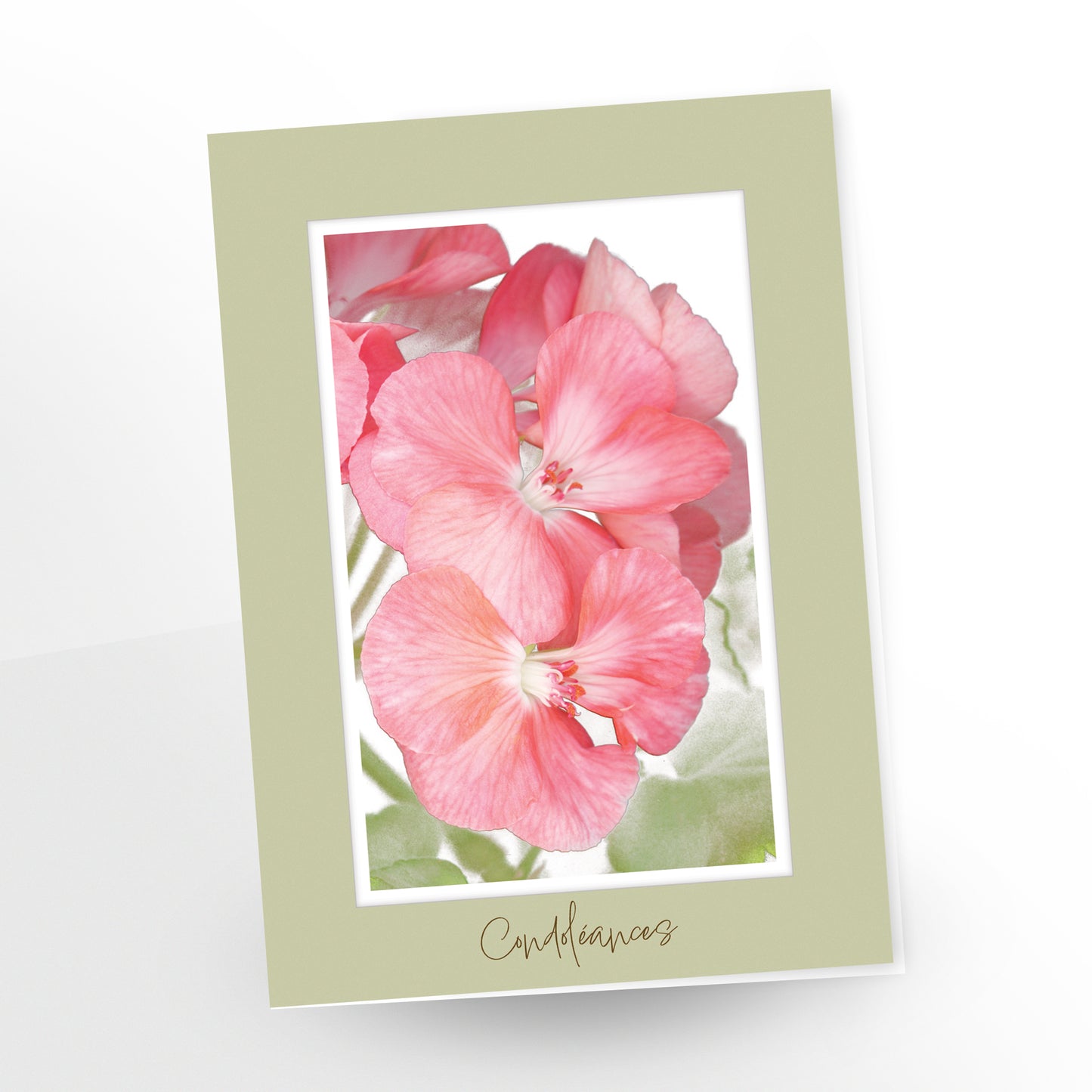 greeting card, sympathy, gc206, french, pink geranium, blank inside, sage-coloured border