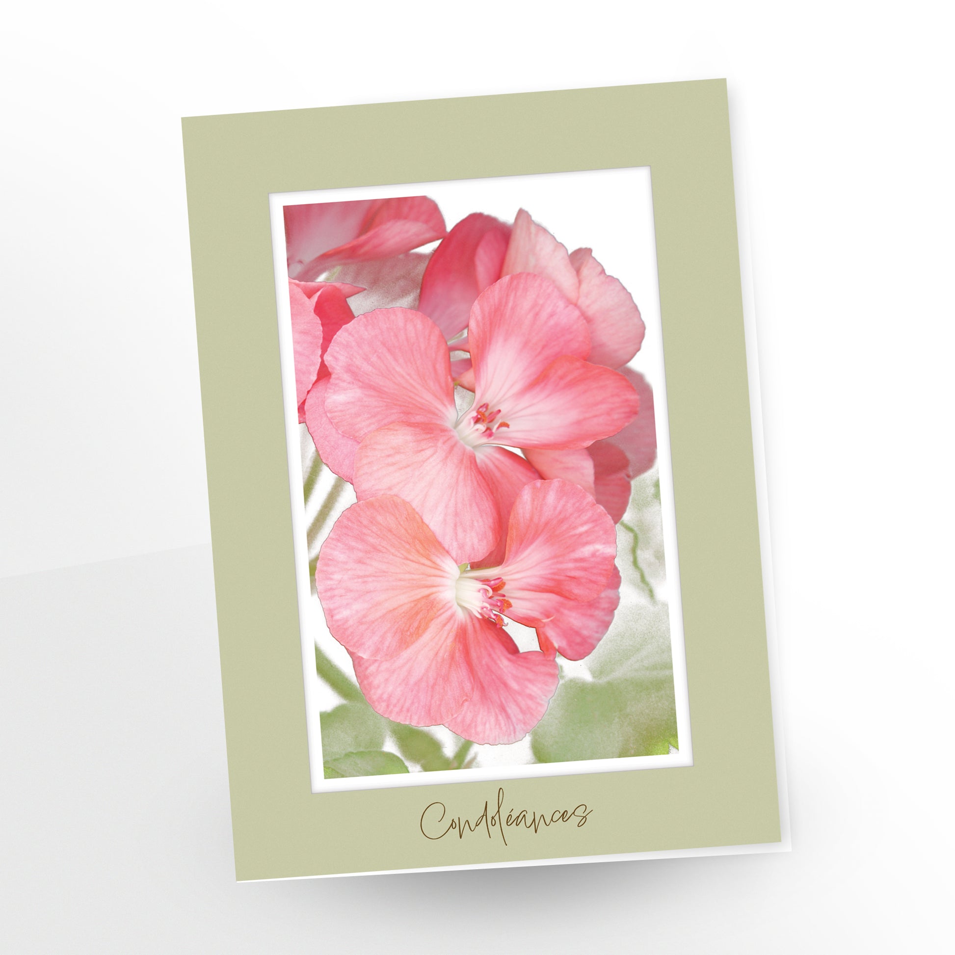 greeting card, sympathy, gc206, french, pink geranium, blank inside, sage-coloured border