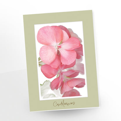 greeting card, sympathy, gc207, french, pink geranium, blank inside, sage-coloured border