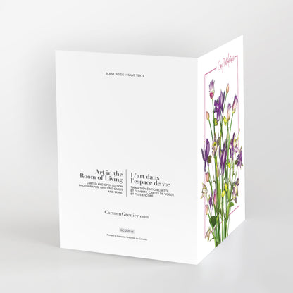 congratulations greeting cards, featuring cheerful columbines and chives bursting with vibrant colour. on a white background. sku gc-200