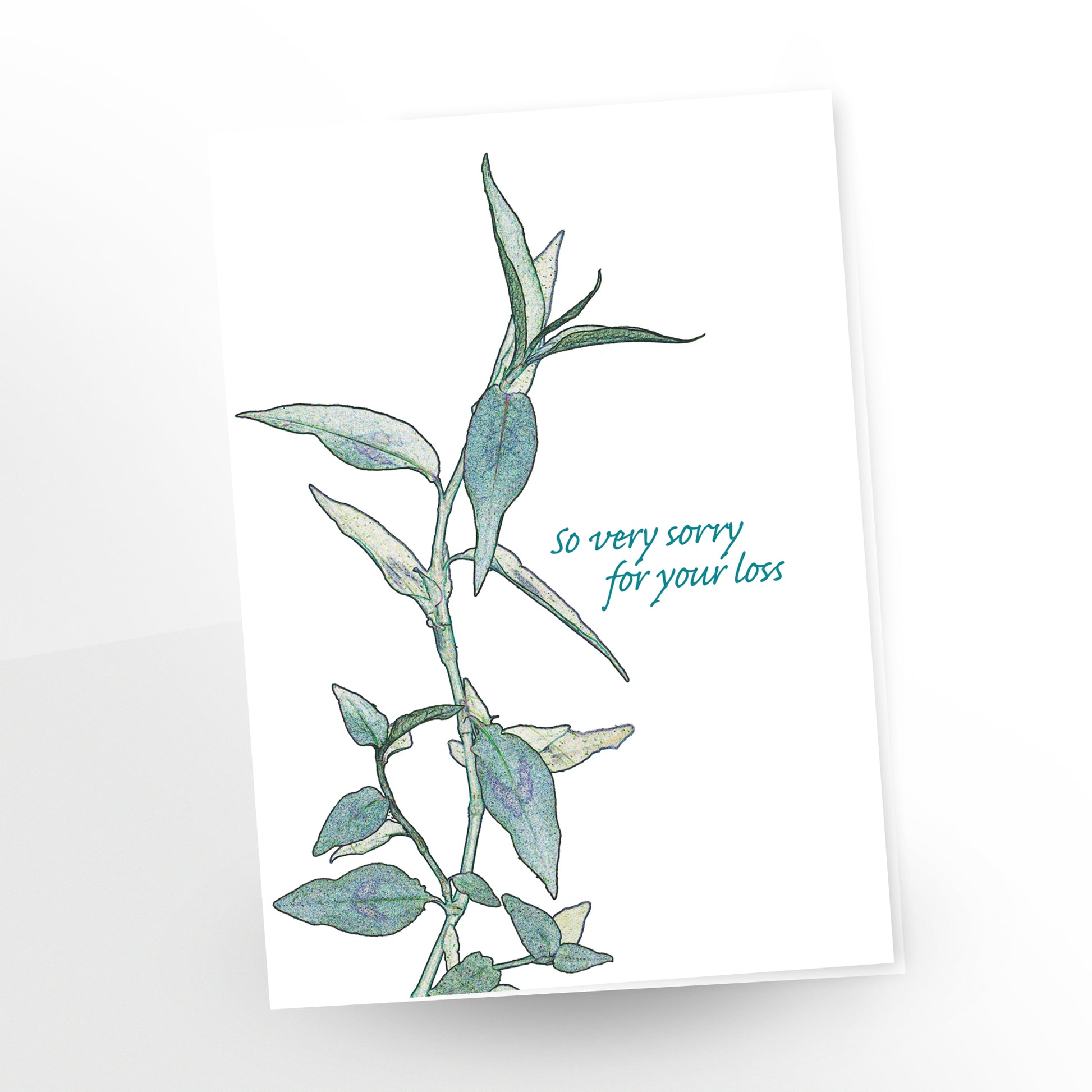 Greeting card, so very sorry for your loss, details of stem, green on white, gc110, carmengrenier.com