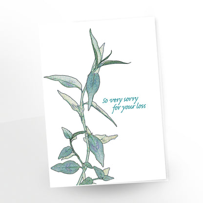 Greeting card, so very sorry for your loss, details of stem, green on white, gc110, carmengrenier.com