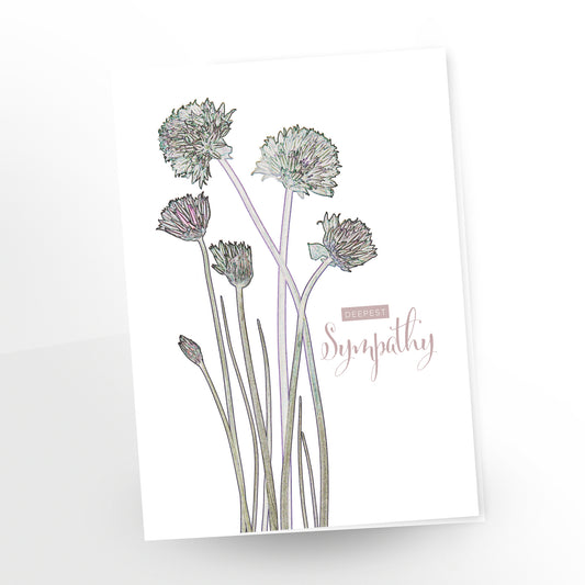 greeting card, deepest sympathy, blooming chives on white, contour lines, gc147, carmengrenier.com