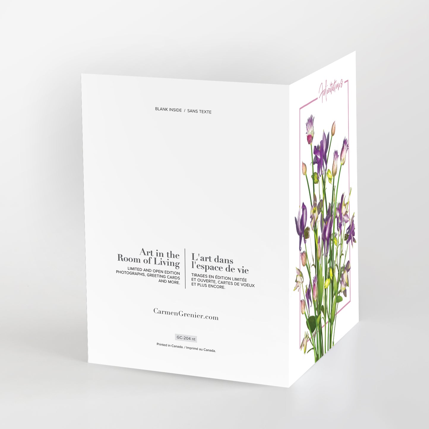 félicitations (french) greeting card, featuring cheerful columbines and chives bursting with vibrant colour. on a white background, sku gc-204.