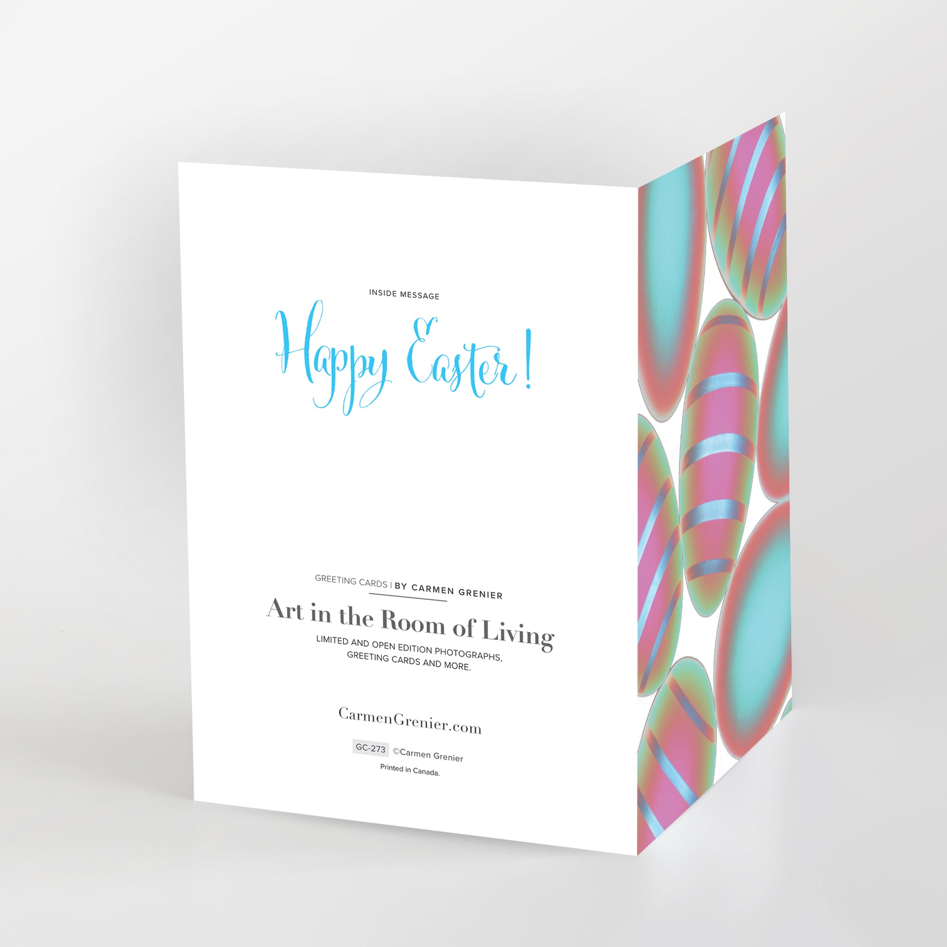 Happy Easter greeting card, pink and turquoise eggs white background, view back and front. SKU number GC-273, CarmenGrenier.com