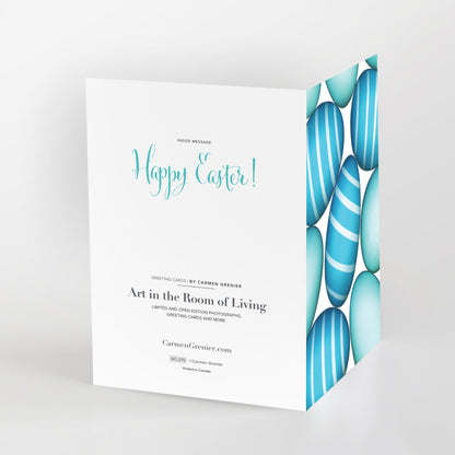 Happy Easter greeting card, blue and turquoise eggs white background. SKU number GC-275, CarmenGrenier.com