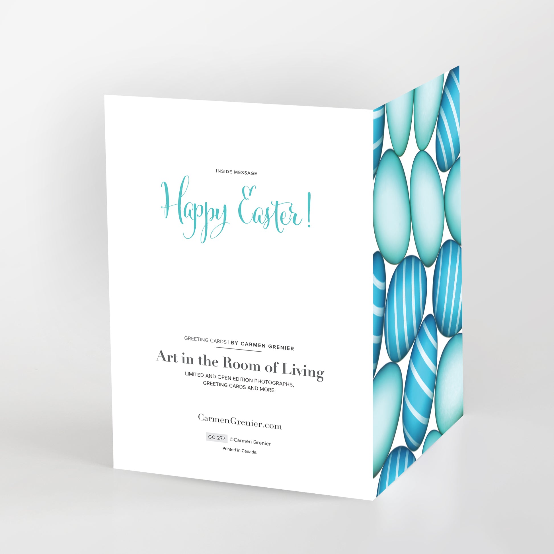 Happy Easter greeting card, blue and turquoise eggs white background., view back and front SKU number GC-277, CarmenGrenier.com