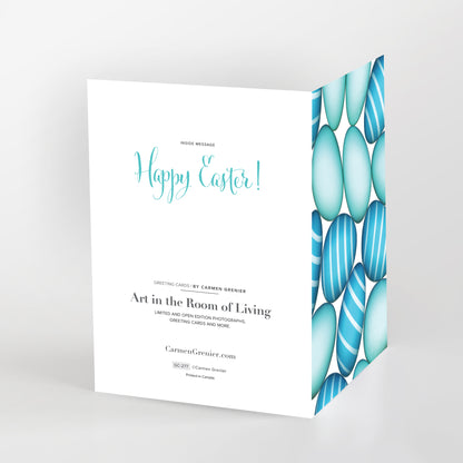 Happy Easter greeting card, blue and turquoise eggs white background., view back and front SKU number GC-277, CarmenGrenier.com