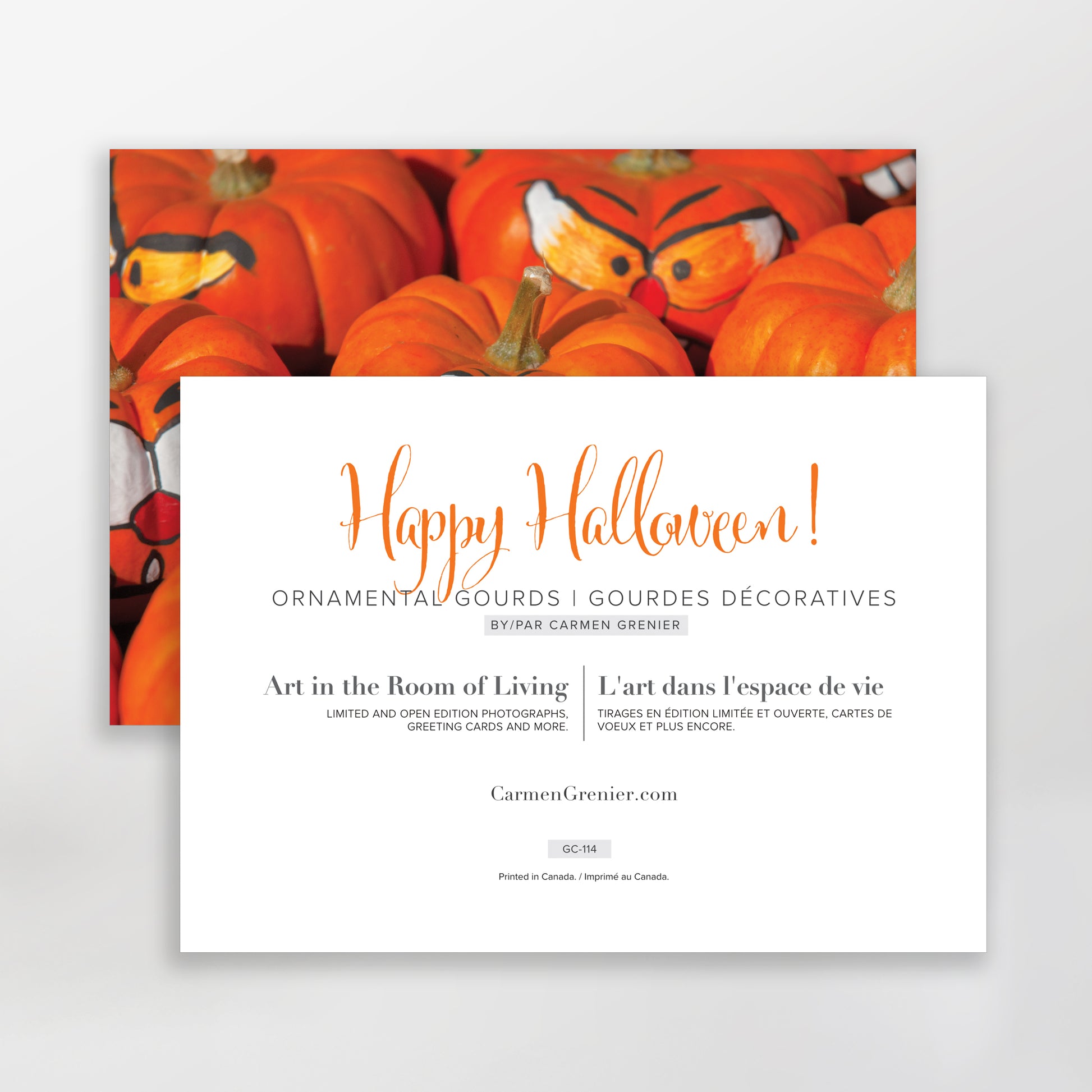 blank art greeting card happy halloween, painted faces on orange gourds sku-114