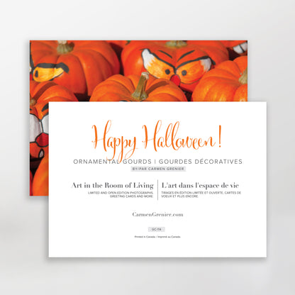 blank art greeting card happy halloween, painted faces on orange gourds sku-114