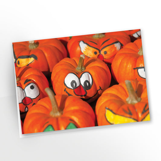 blank art greeting card happy halloween, painted faces on orange gourds sku-114