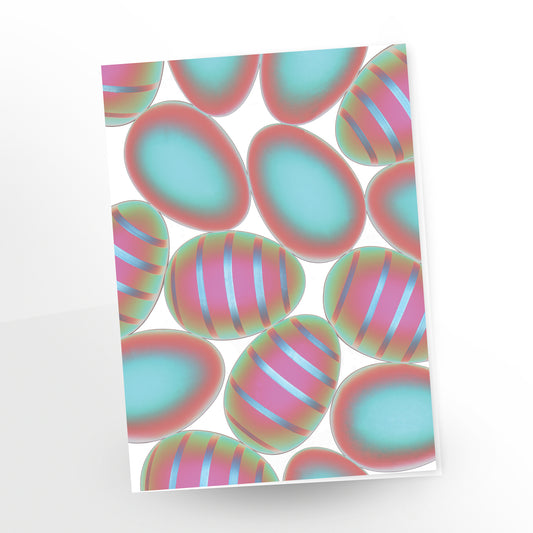 Happy Easter greeting card, pink and turquoise eggs white background. SKU number GC-271, CarmenGrenier.com