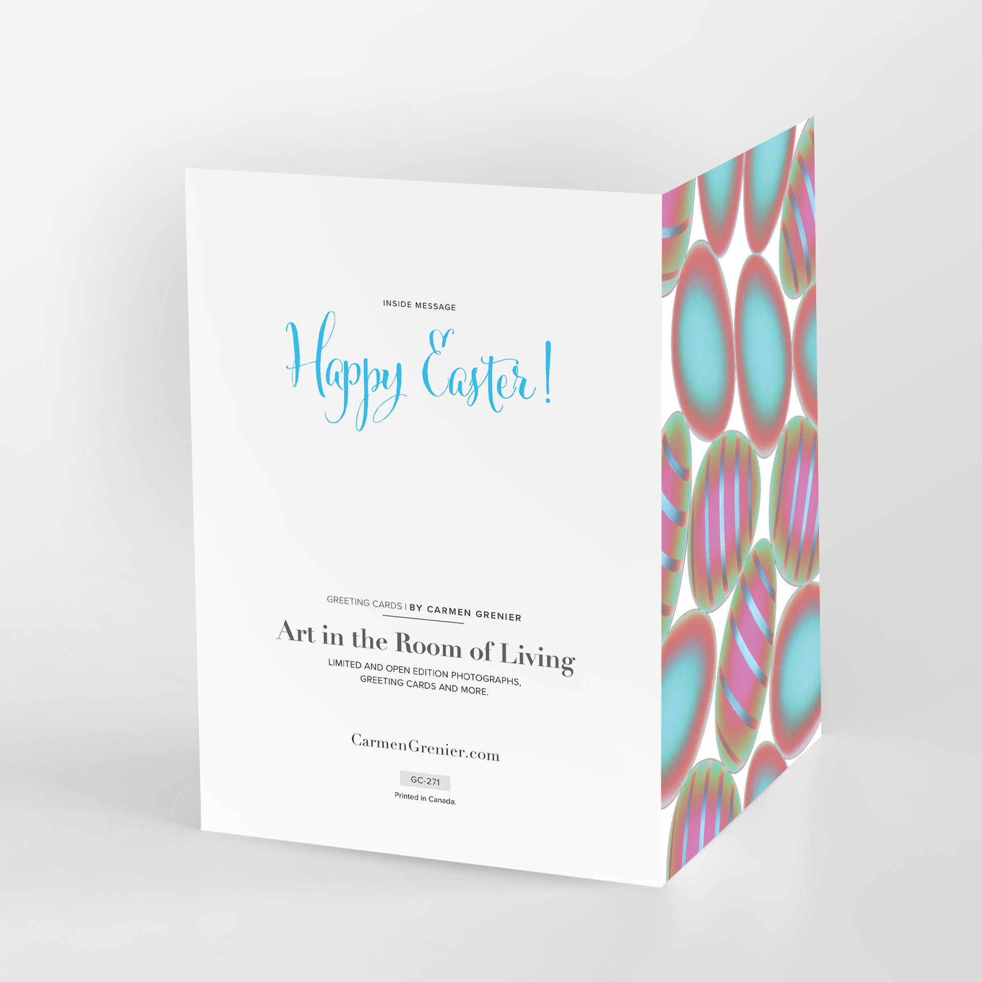 Happy Easter greeting card, pink and turquoise eggs white background. SKU number GC-271, CarmenGrenier.com