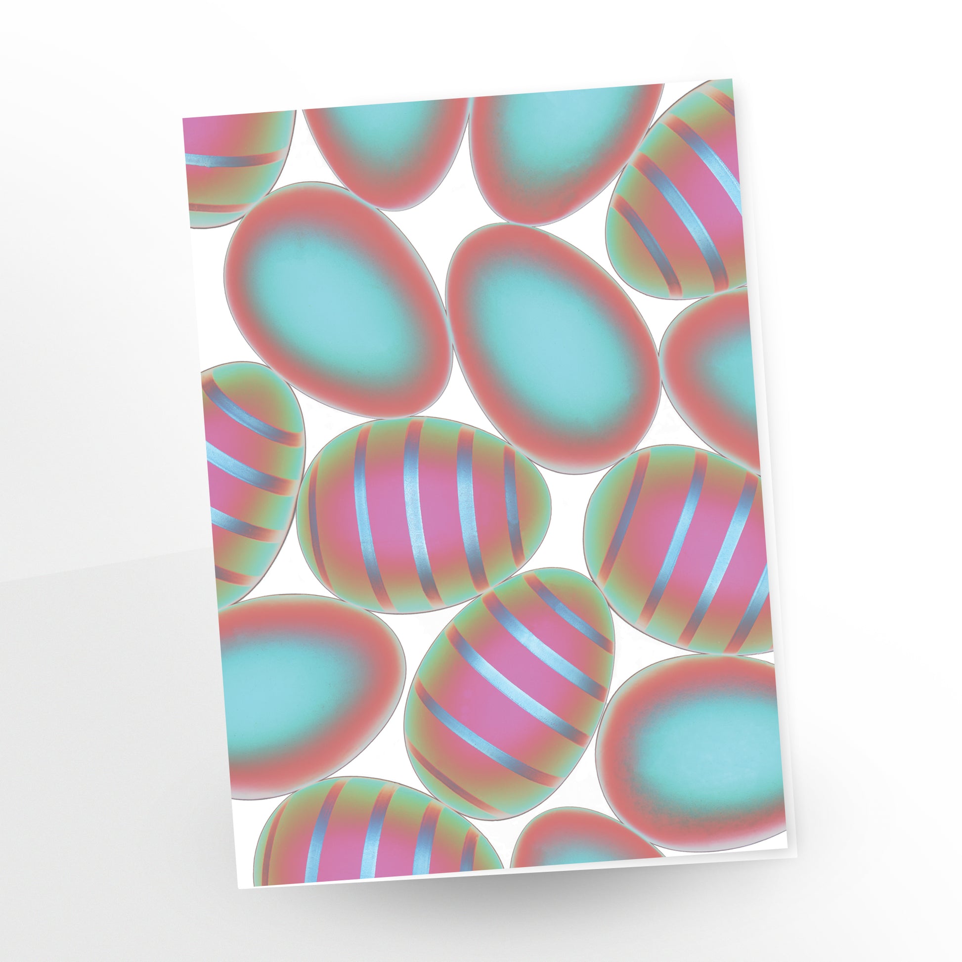 Happy Easter greeting card, pink and turquoise eggs white background. SKU number GC-271, CarmenGrenier.com