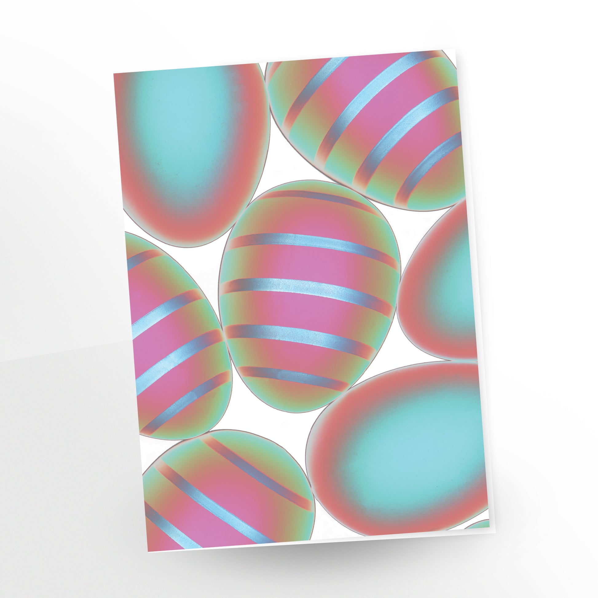 Happy Easter greeting card, pink and turquoise eggs white background. SKU number GC-273, CarmenGrenier.com