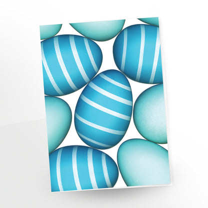 Happy Easter greeting card, blue and turquoise eggs white background. SKU number GC-275, CarmenGrenier.com