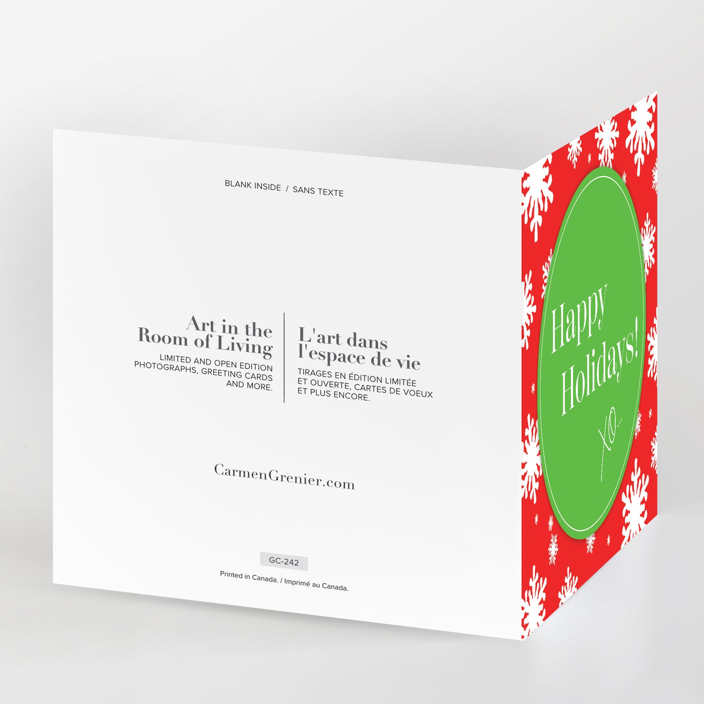 Happy Holidays XO Series 2 greeting cards, GC-242, green on red, CarmenGrenier.com