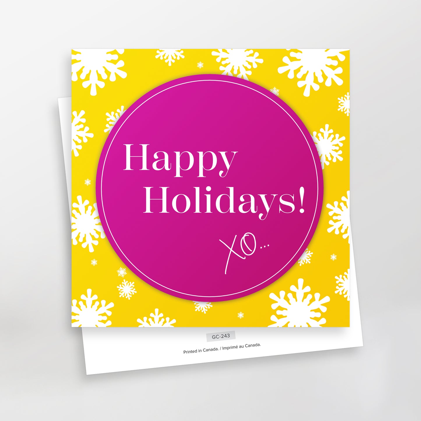 Happy Holidays XO Series 2 greeting cards, GC-243, pink on yellow, CarmenGrenier.com