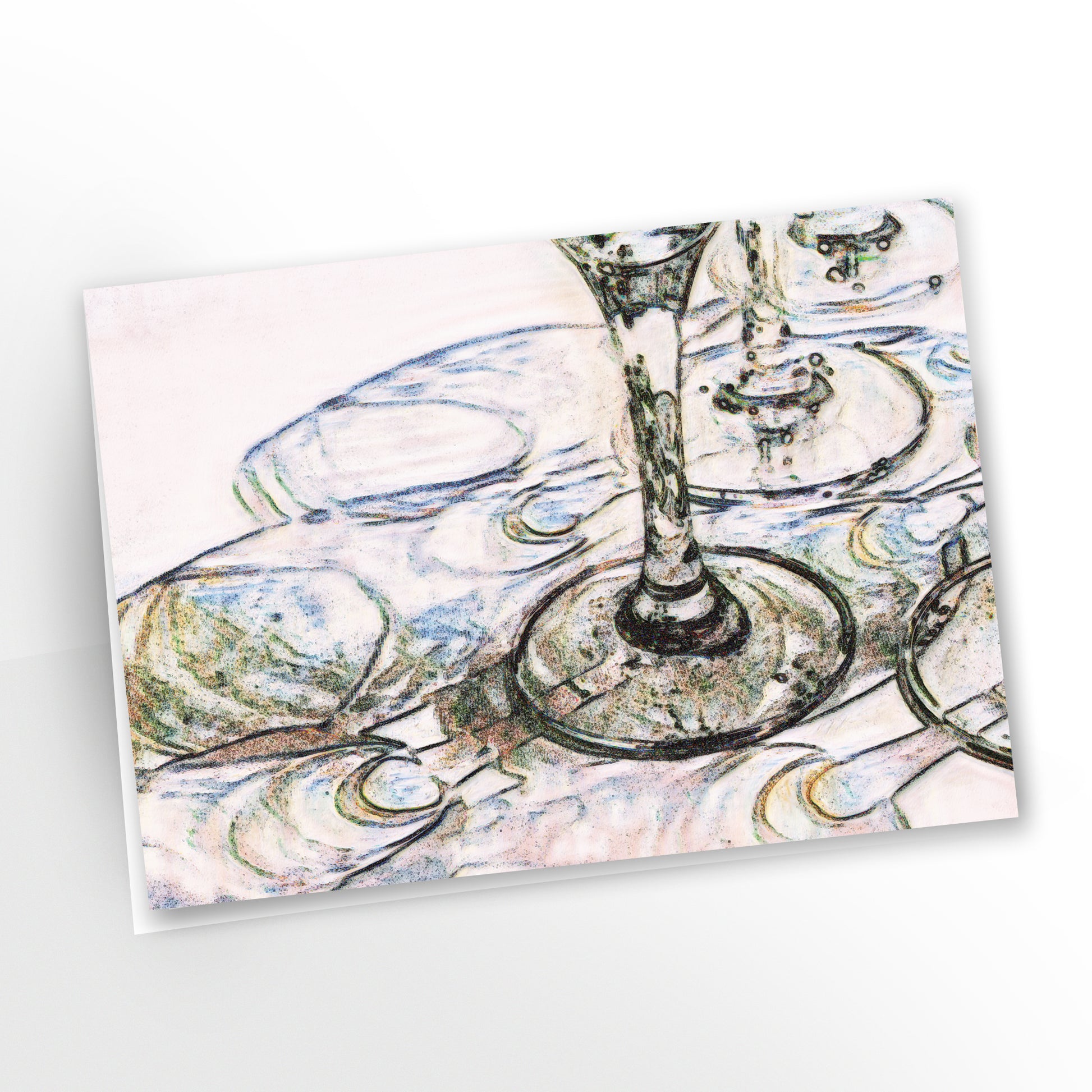 blank art greeting card, invitation, wine glasses and shadows on white tablecloth, gc-128