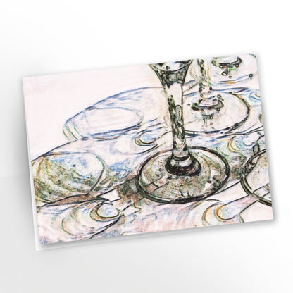 blank art greeting card, invitation, wine glasses and shadows on white tablecloth, gc-128