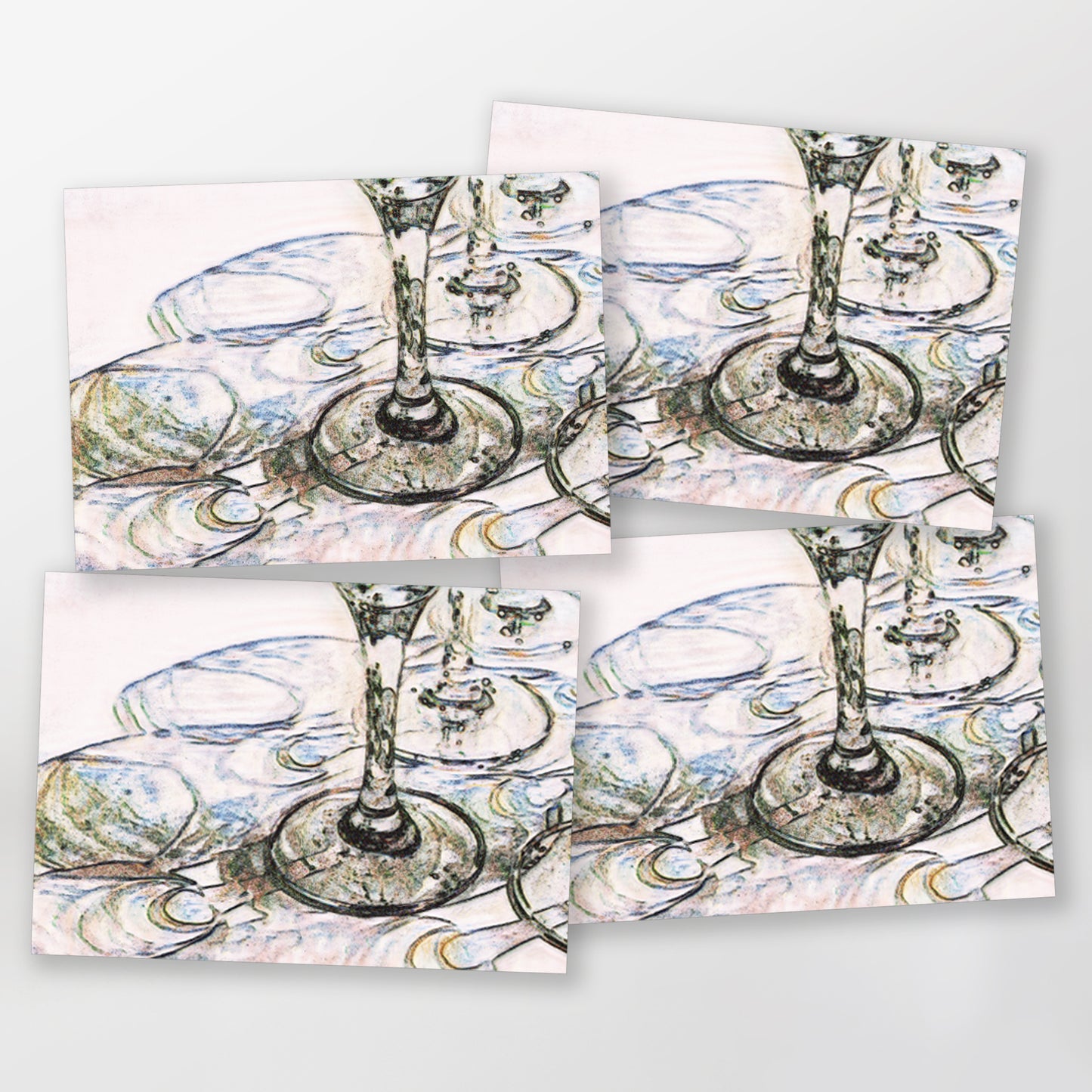 set of four invitation greeting cards showing wine glasses and blue and black reflection on white tablecloth.