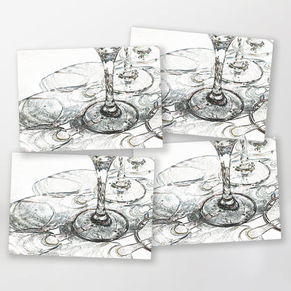 set of four cards invitation, glasses on white tablecloth