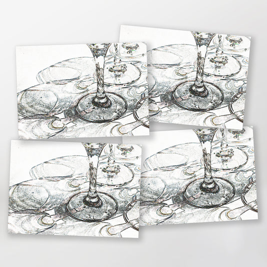 set of four cards invitation, glasses on white tablecloth