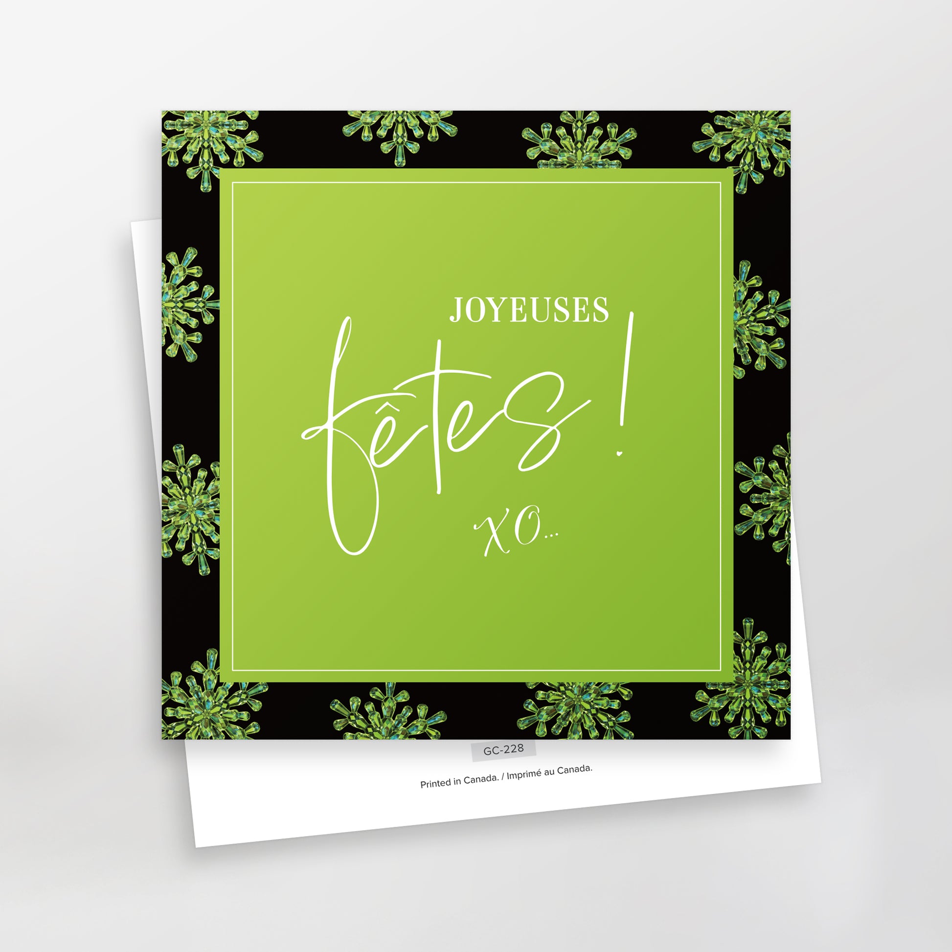 Joyeuses fêtes XO greeting card, green, French, CarmenGrenier.com 