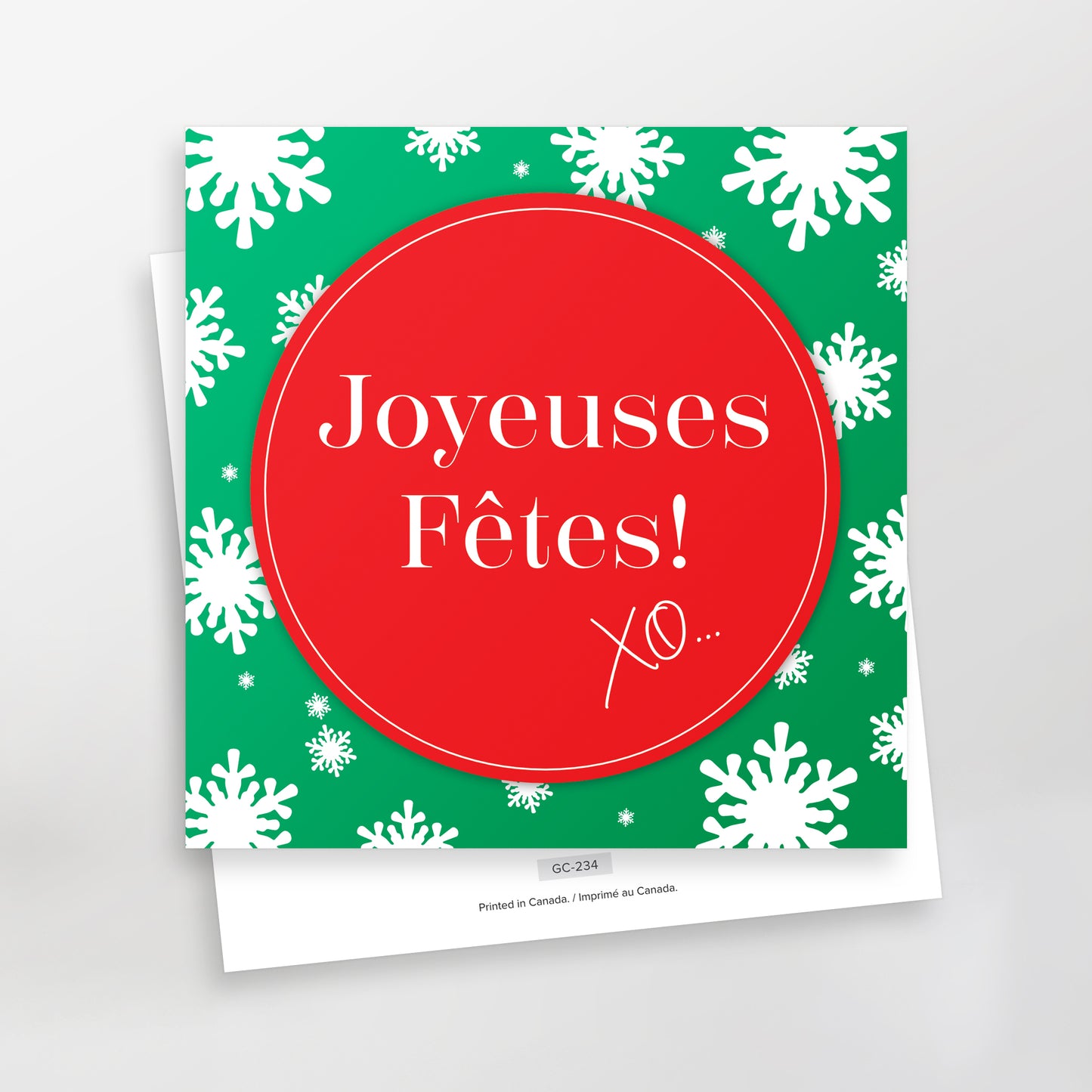 Joyeuses fêtes XO Series 2 greeting cards, GC-234, red on green, French, CarmenGrenier.com