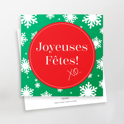 Joyeuses fêtes XO Series 2 greeting cards, GC-234, red on green, French, CarmenGrenier.com