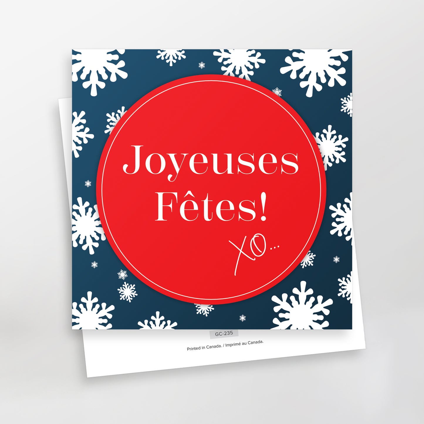 Joyeuses fêtes XO Series 2 greeting cards, GC-235, red on dark blue, French, CarmenGrenier.com