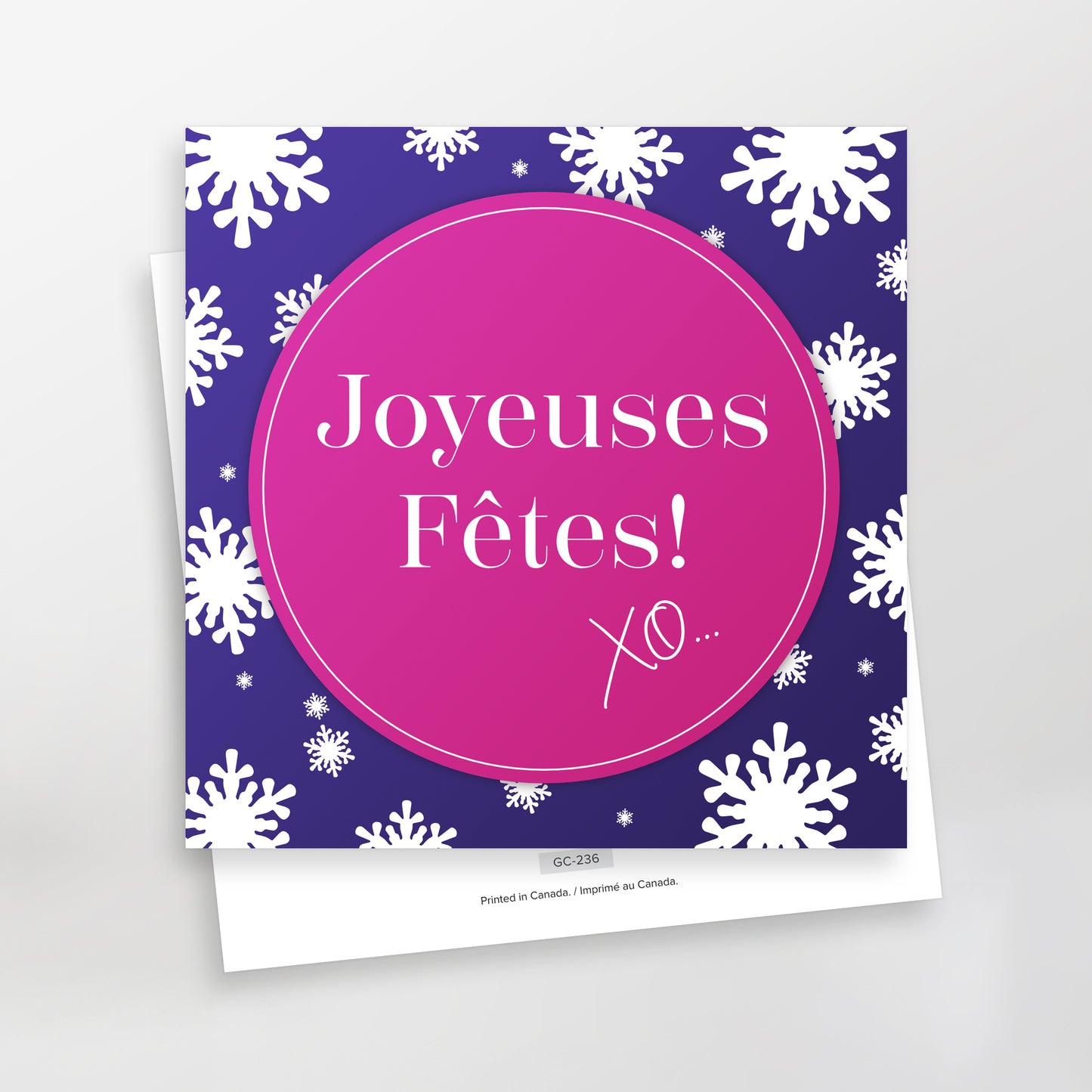 Joyeuses fêtes XO Series 2 greeting cards, GC-236, pink on purple, French, CarmenGrenier.com