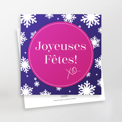 Joyeuses fêtes XO Series 2 greeting cards, GC-236, pink on purple, French, CarmenGrenier.com