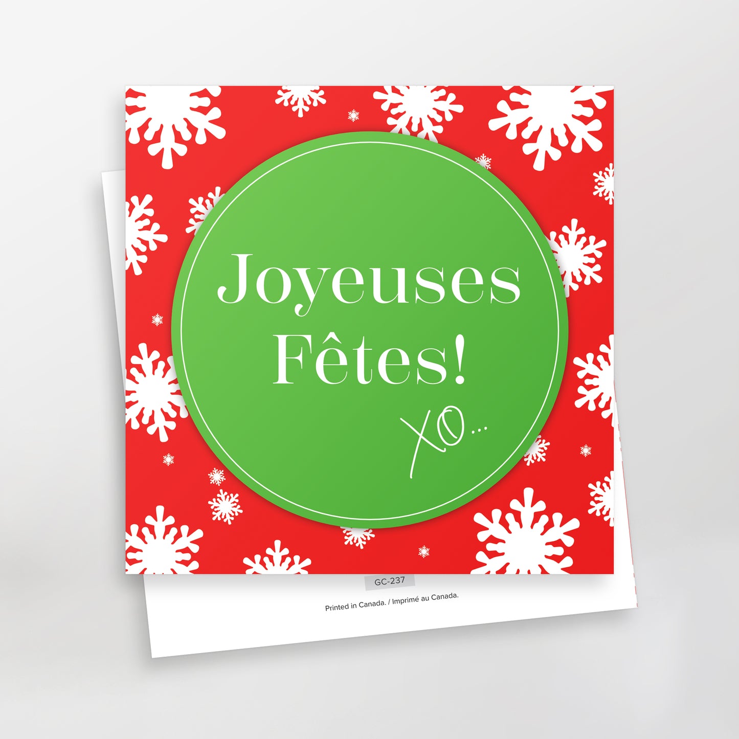 Joyeuses fêtes XO Series 2 greeting cards, GC-237, green on red , French, CarmenGrenier.com