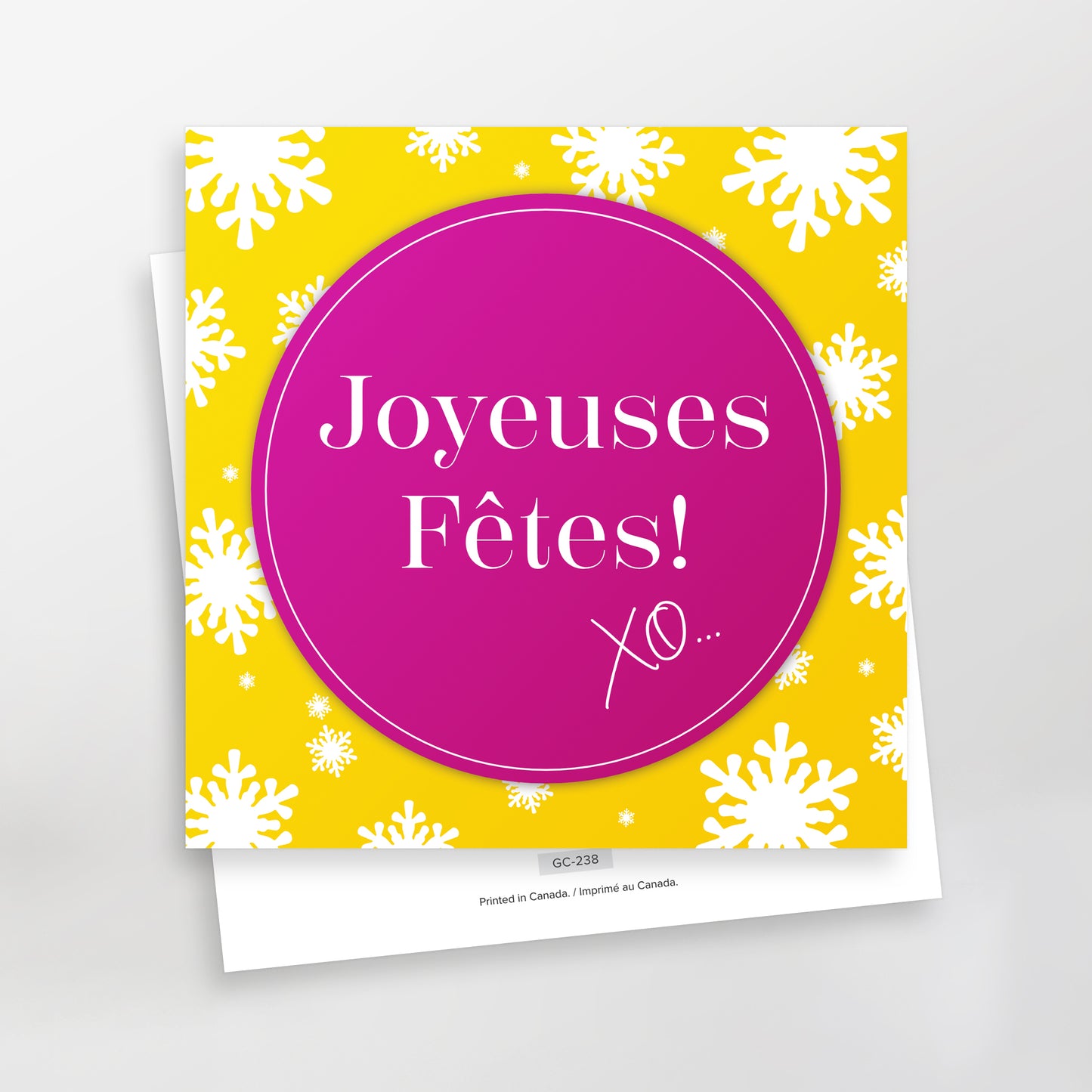 Joyeuses fêtes XO Series 2 greeting cards, GC-238, pink on yellow, French, CarmenGrenier.com