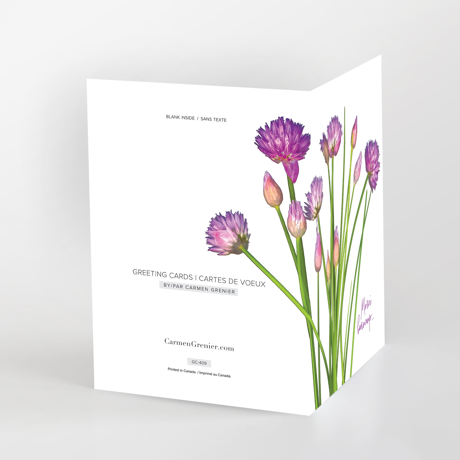 blank art greeting card, 5x7 inches, english, thank you, bouquet of chives in bloom, gc-410, carmengrenier.com