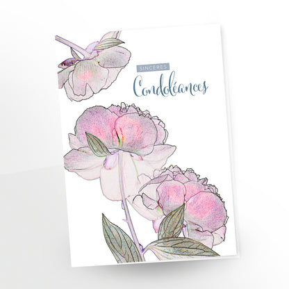 greeting card, sincères condoléances, french, three pink peonies on white, contour lines, gc213, carmengrenier.com