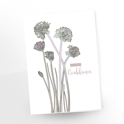 greeting card, sincères condoléances, french, blooming chives on white, contour lines, gc214, carmengrenier.com