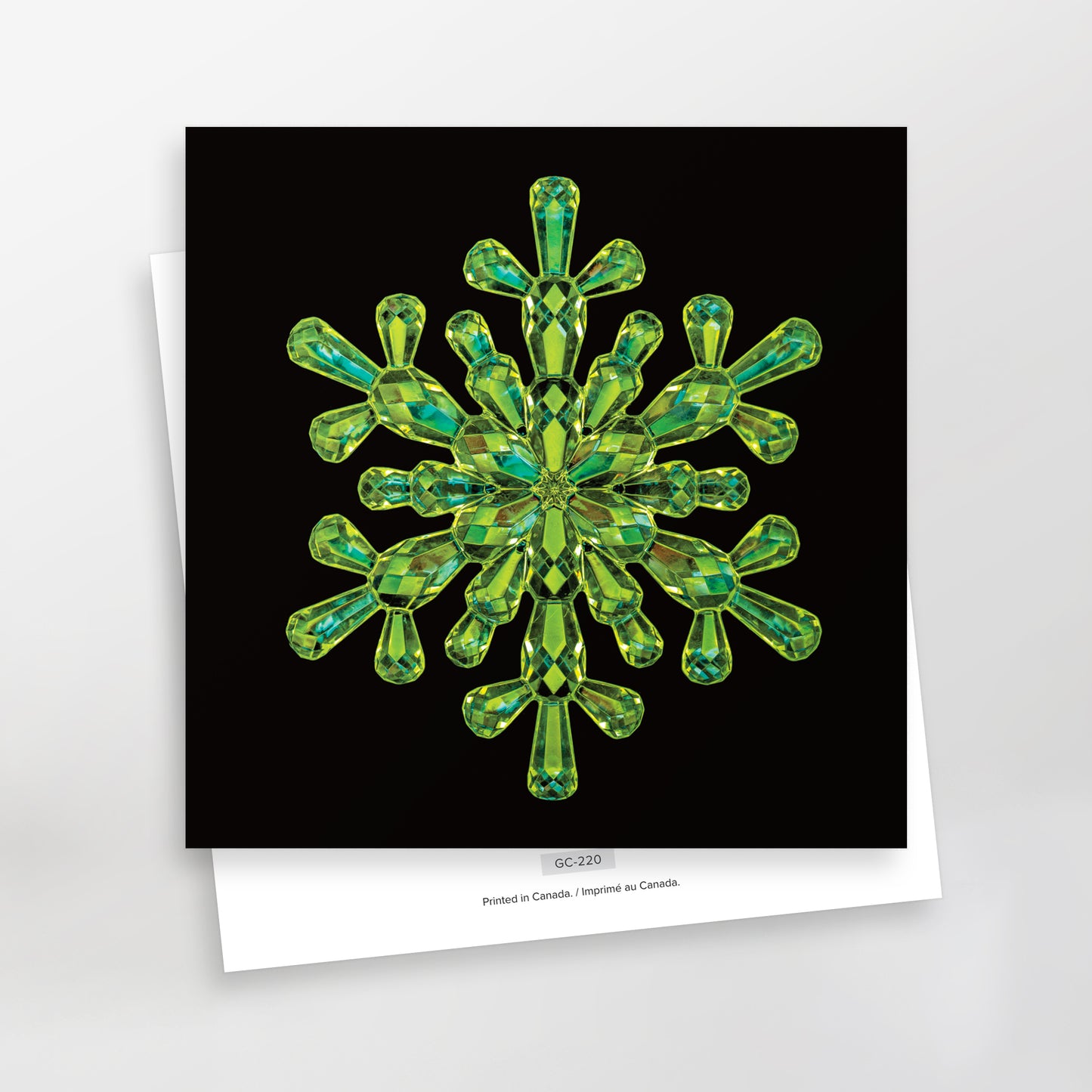 sparkles greeting card series, emerald snowflake on black background gc-220 by carmen grenier